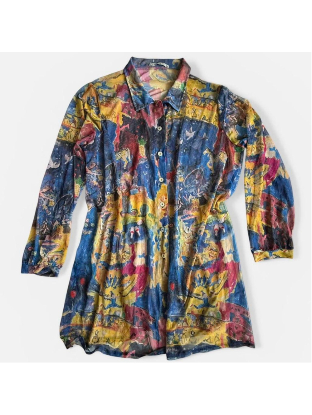 Vintage 90s Eccentric Sheer Mesh Art Print Dress / Tunic